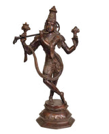 Handmade brass Krishna statue in dancing pose with flute, 18 inches