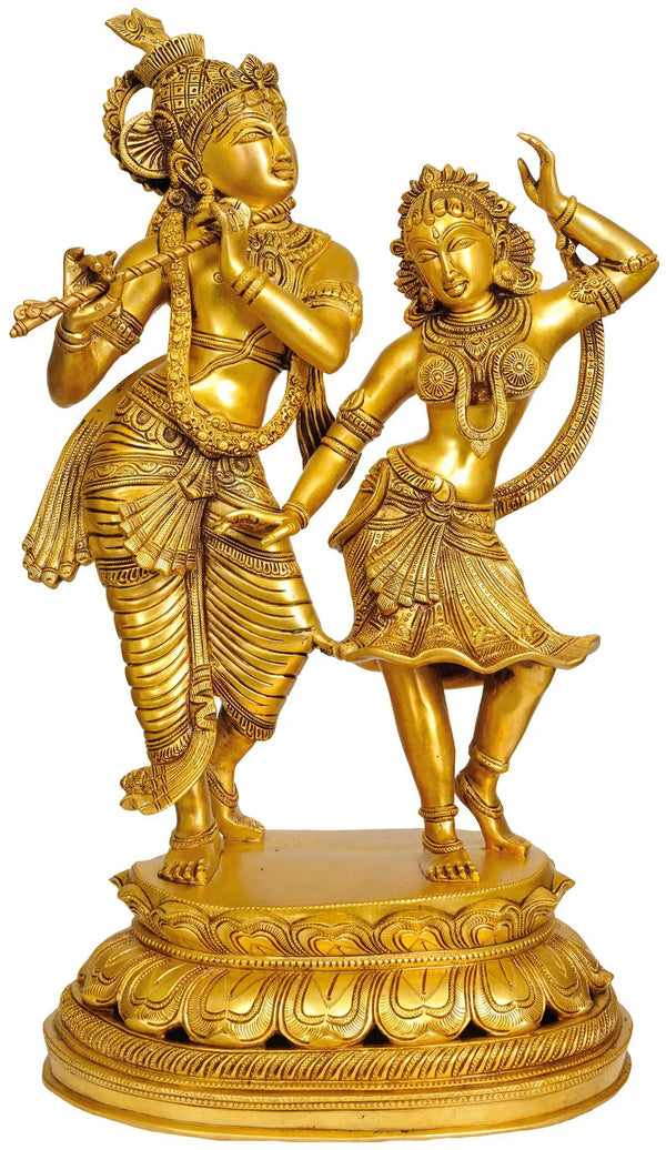 Handmade Gold Brass Sculpture of Large-Sized Dancing Radha-Krishna 23 inches