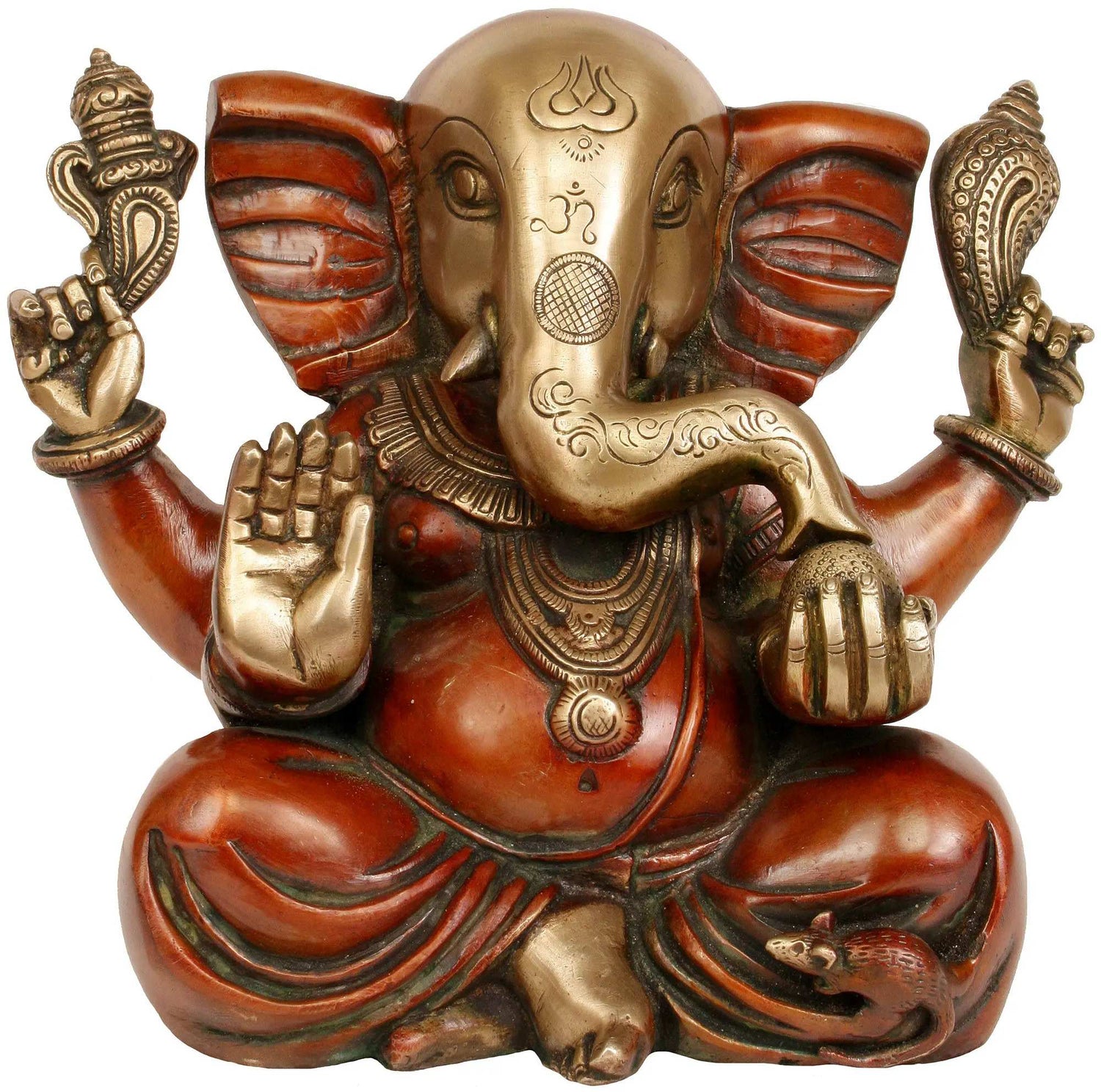 Brass statue of Lord Ganesha featuring prominent ears 11 inches