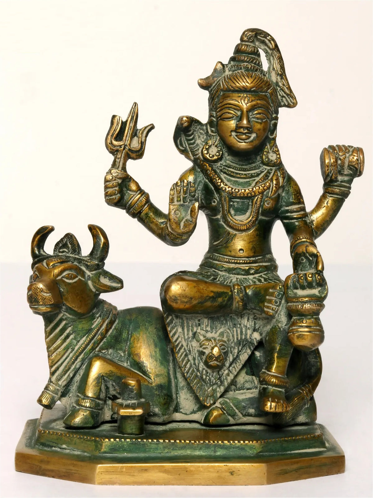 Brass Lord Shiva statue seated on Nandi, raised hands, small 5 inch figure