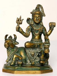 Brass Lord Shiva statue seated on Nandi, raised hands, small 5 inch figure