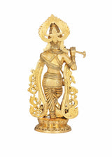 Natural brass Krishna statue, playing flute, ornate curls and crown