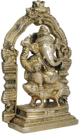 Ganesha brass statue standing on a mouse base with detailed arch throne