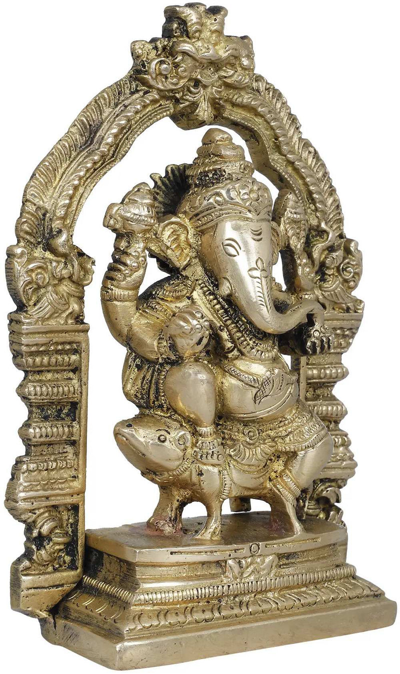 Brass idol of Lord Ganesha seated on a mouse with a Kirtimukha throne 5 inches