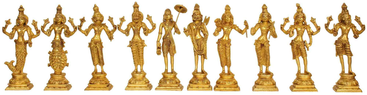 Dashavatara idol set: ten standing gold-toned deity figurines, 9 in