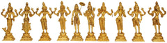 Dashavatara idol set: ten standing gold-toned deity figurines, 9 in
