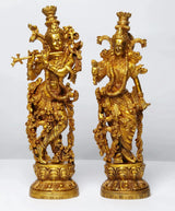 Brass Radha Madhav (Krishna) standing statue, ornate crown and detailed jewelry, 14 in