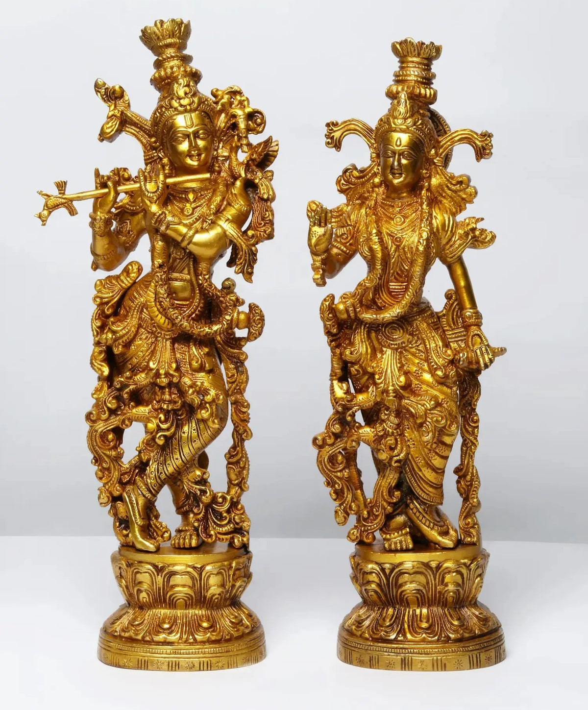 Brass Radha Madhav (Krishna) standing statue, ornate crown and detailed jewelry, 14 in