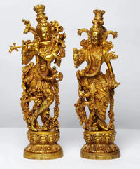 Brass Radha Madhav (Krishna) standing statue, ornate crown and detailed jewelry, 14 in