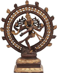 Brass Lord Shiva Nataraja idol with circular halo, multi-arm dance pose, 9 inch