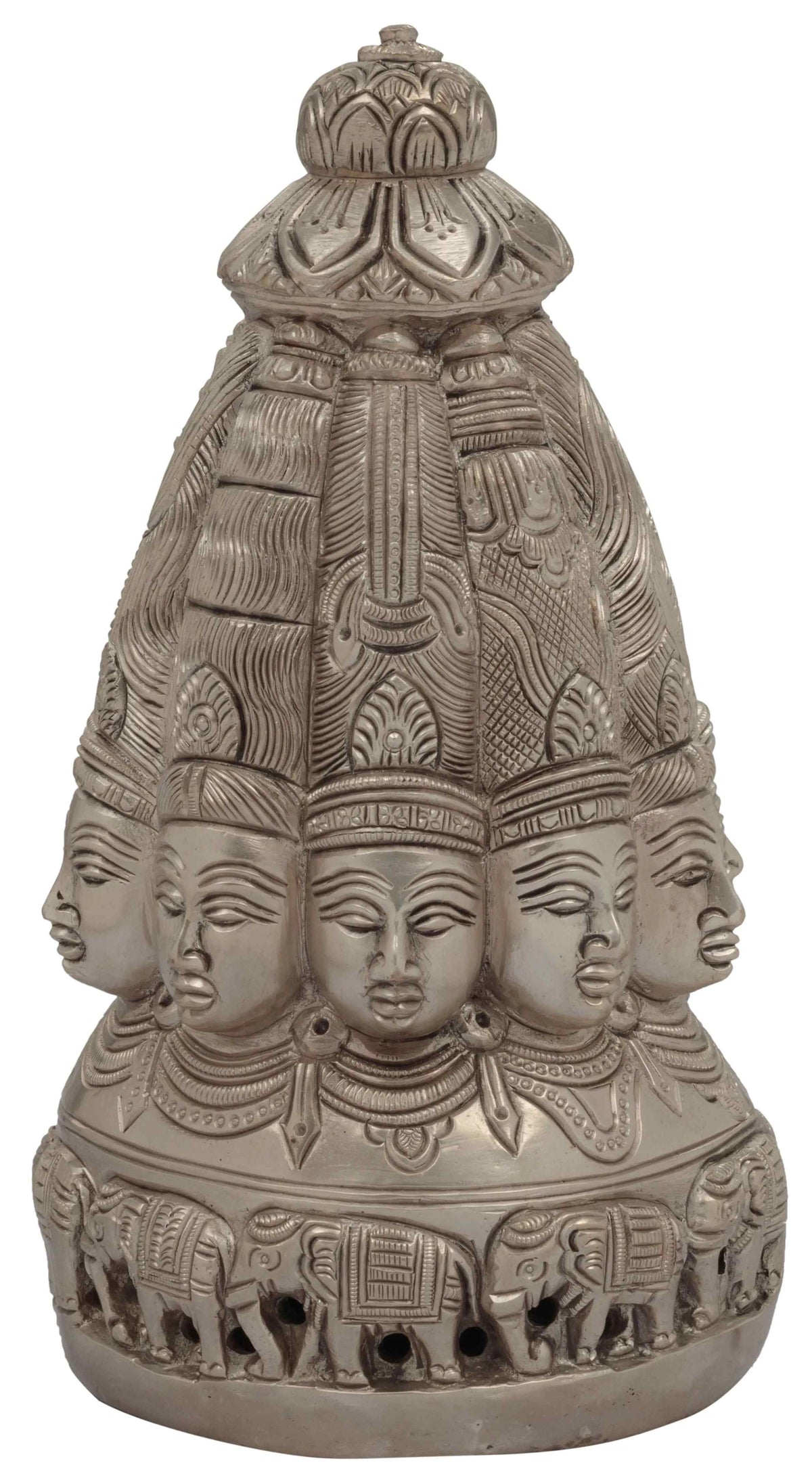Ten-Faced Mukhalingam silver brass idol, 7 in—three faces at base, detailed cloak