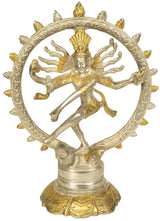 Nataraja brass dancer figure with crown and many arms, set in circular brass frame