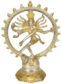 Nataraja brass dancer figure with crown and many arms, set in circular brass frame