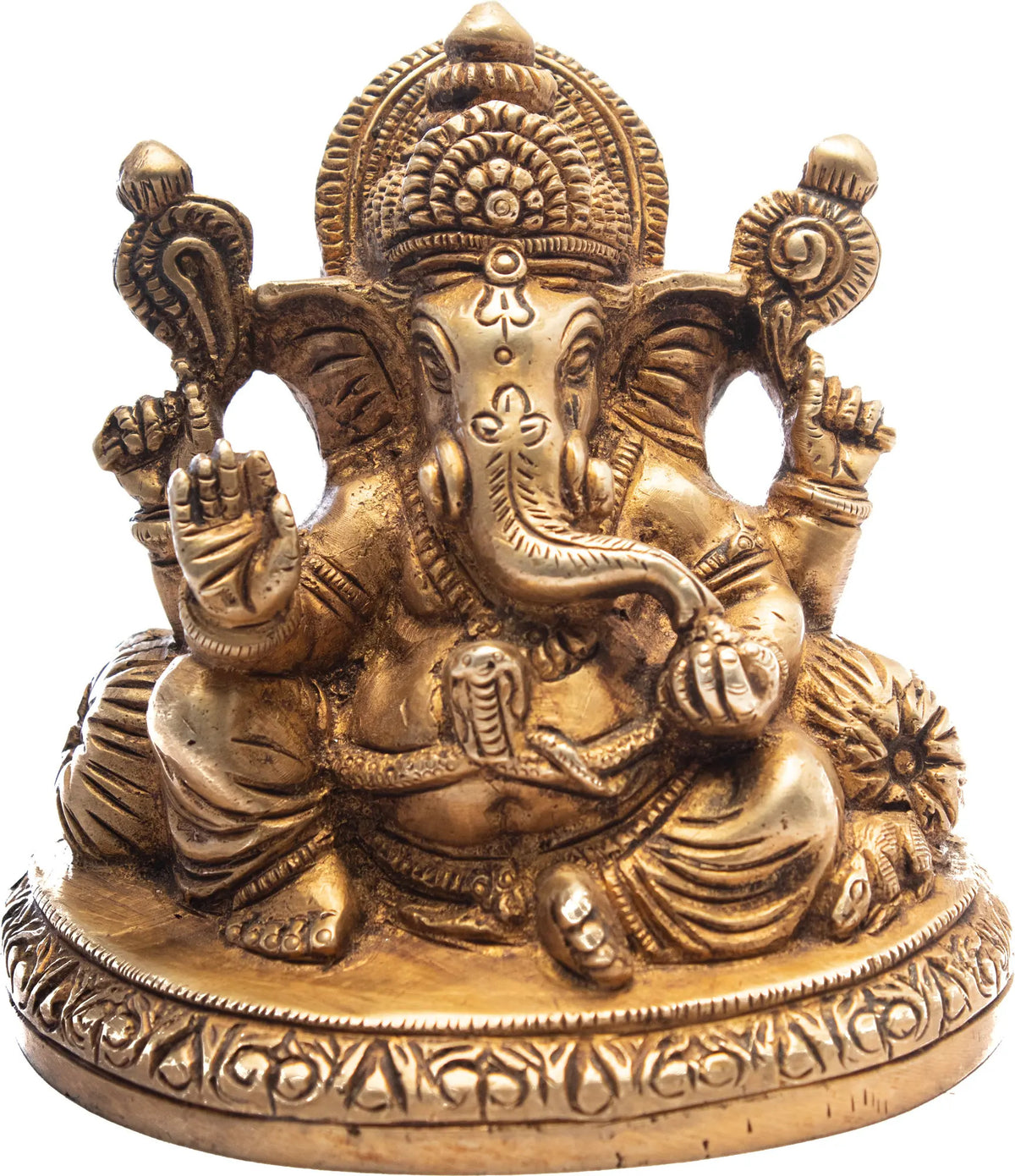 Ganesh brass idol seated with ornate hands and haloed head, circular base