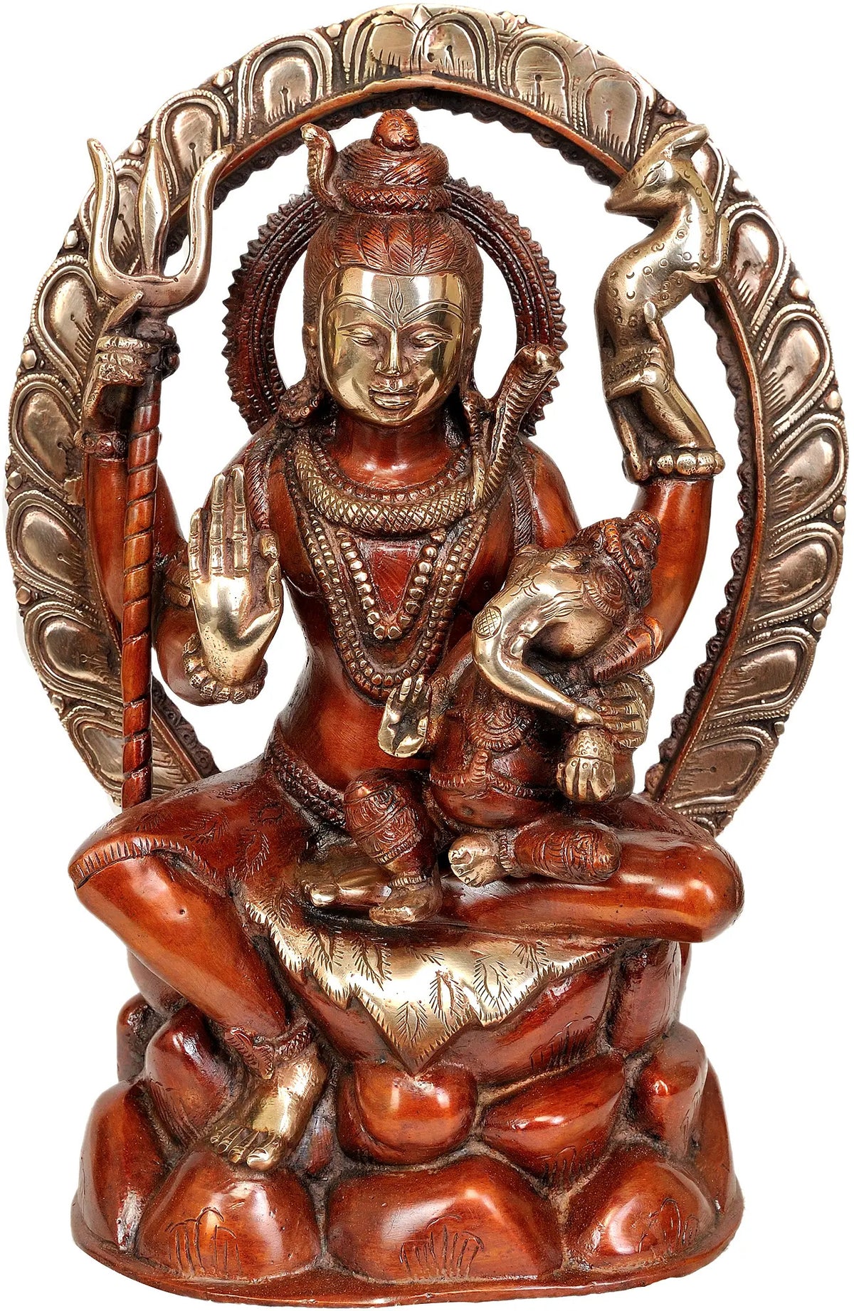 Ganesha brass idol seated on Shiva’s lap, 12-inch statue, reddish brown and gold