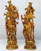 Brass Radha Madhav (Krishna) standing statue, raised hands and decorative drapery, 14 in