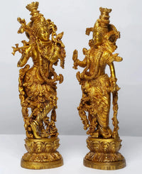 Brass Radha Madhav (Krishna) standing statue, raised hands and decorative drapery, 14 in
