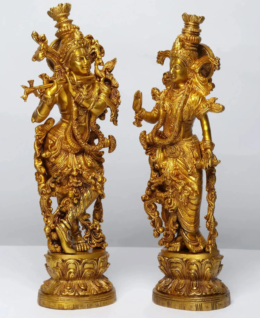 14" Brass Statue of Standing Radha Madhav (Krishna) 14 Inches Craft Detail