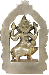Brass Ganesha idol on mouse with halo-like Kirtimukha throne, 5 inches