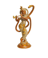 Brass statue of Lord Krishna subduing Kaliya, standing with flute, serpent at side