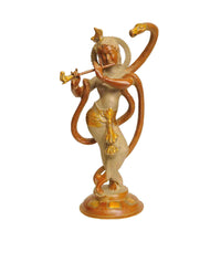 Brass statue of Lord Krishna subduing Kaliya, standing with flute, serpent at side