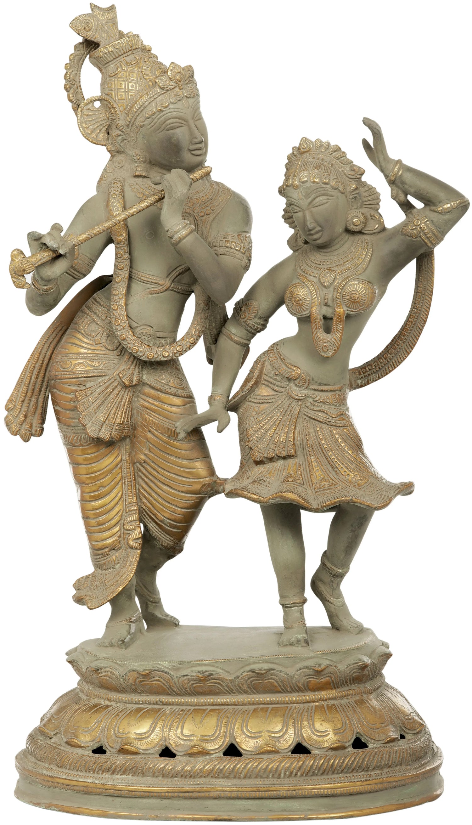 Handmade Super antique Brass Sculpture of Large-Sized Dancing Radha-Krishna 23 inches