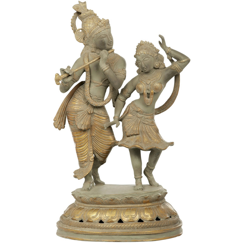 Handmade Super antique Brass Sculpture of Large-Sized Dancing Radha-Krishna 23 inches