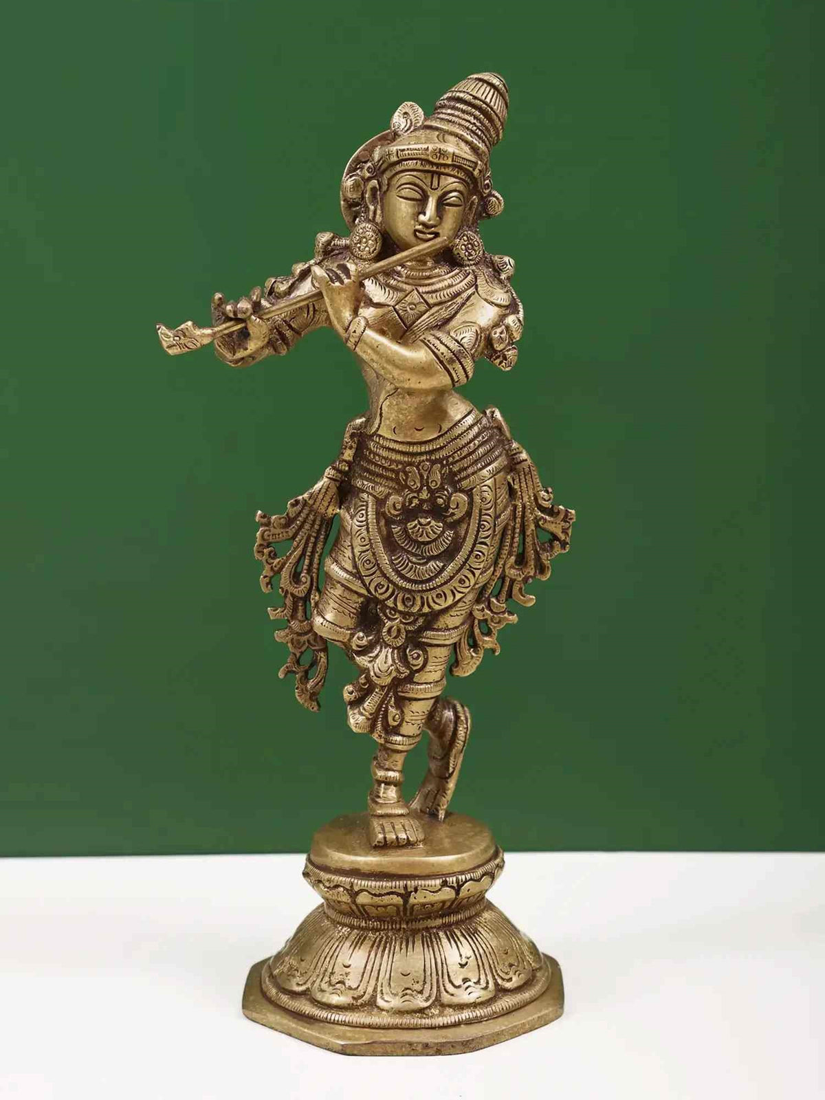 Brass Lord Krishna sculpture, 9 inches, playing flute, ornate dancing pose
