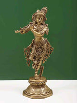 Brass Lord Krishna sculpture, 9 inches, playing flute, ornate dancing pose