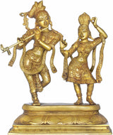 Messingstatue: Krishna mit Flöte, tanzende Radha, auf Sockel, handgefertigt