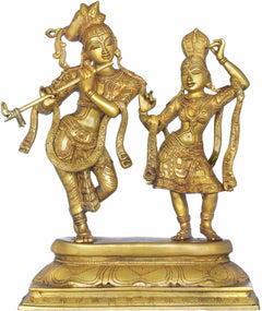 Messingstatue: Krishna mit Flöte, tanzende Radha, auf Sockel, handgefertigt