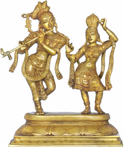 Handmade Brass Statue of Tribhang Murari (Krishna) Watching Radha Dance 17 Inches