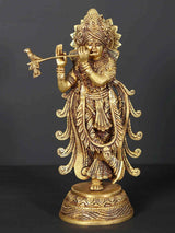 AONA brass Krishna statue playing the flute, 12 inches tall
