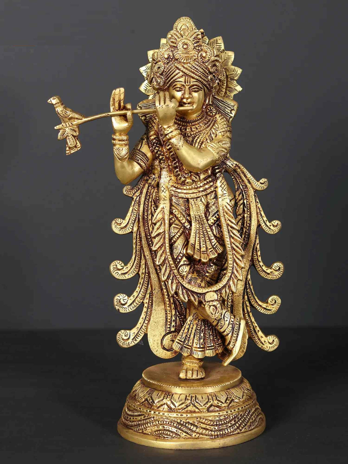AONA brass Krishna statue playing the flute, 12 inches tall