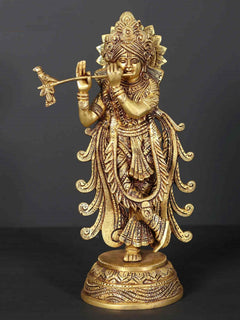 AONA brass Krishna statue playing the flute, 12 inches tall