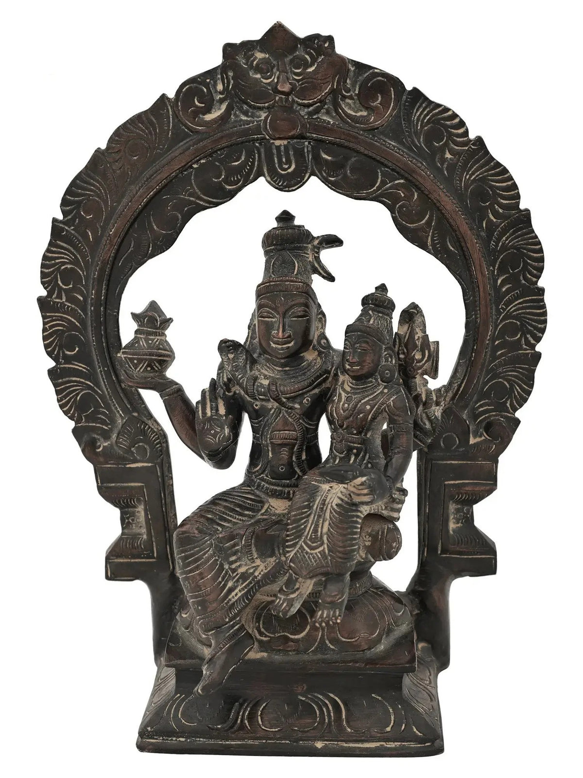 Antique brass Shiva-Parvati idol seated on ornate kirtimukha throne, hands raised