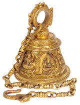 Brass temple hanging bell with etched Hindu deities and beaded chain, 7 inch