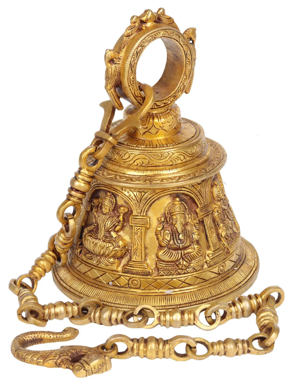 Brass temple hanging bell with etched Hindu deities and beaded chain, 7 inch