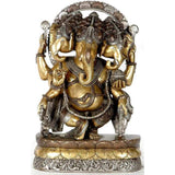 Brass idol of dancing Ganesha with three heads, 12 inches, seated on base