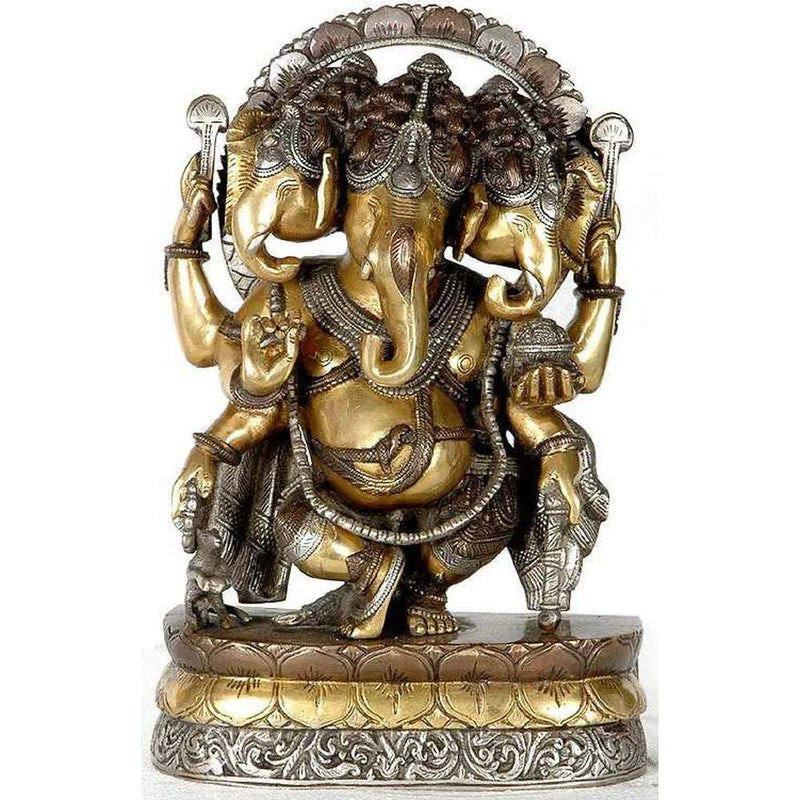 Brass idol of dancing Ganesha with three heads 12 inches