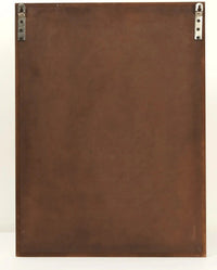 Back side of wooden frame wall hanging with hanging hooks and screws