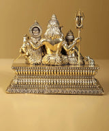Brass Lord Shiva family statue side view, Shiva seated with trident and attendants