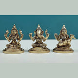 Brass set of three mini Ganesha, Lakshmi & Saraswati statues, 2 in height
