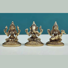 Brass set of three mini Ganesha, Lakshmi & Saraswati statues, 2 in height