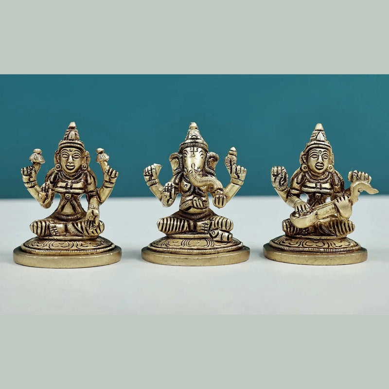 Brass Set of three small statues of Ganesha, Lakshmi, and Saraswati (Height: 2 inches)