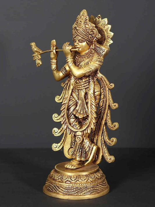 Brass Statue of Krishna Playing the Flute 12 inches