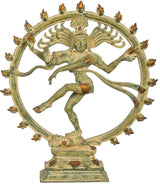 Nataraja brass figurine on circular ring, dancing Shiva with multiple flame-like arms