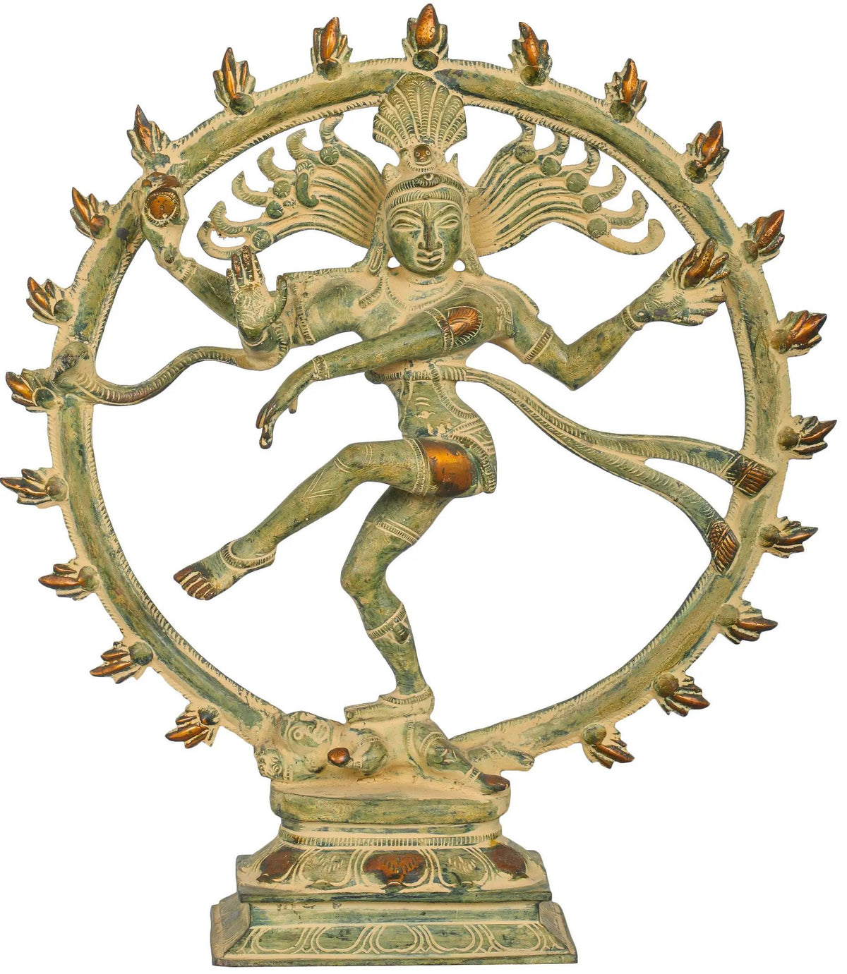 Nataraja brass figurine on circular ring, dancing Shiva with multiple flame-like arms
