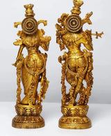Brass Radha Madhav (Krishna) standing statue, back view with halo-like ornament, 14 in