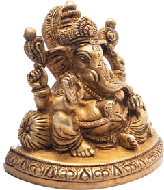 Ganesh brass figurine seated pose, detailed crown and side ornaments on base